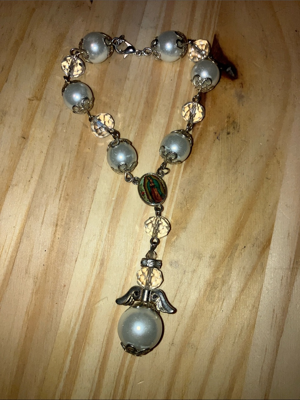 Hand Crafted White Pearl and Clear Crystal Angel Pendant Rosary Bracelet